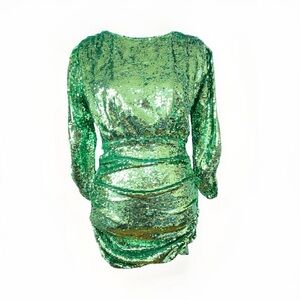 FOR LOVE AND LEMONS MARAIS GREEN SEQUIN BACKLESS LONG SLEEVE MINI DRESS
